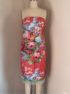 Vintage Cache strapless floral mini dress with beaded fringe hem